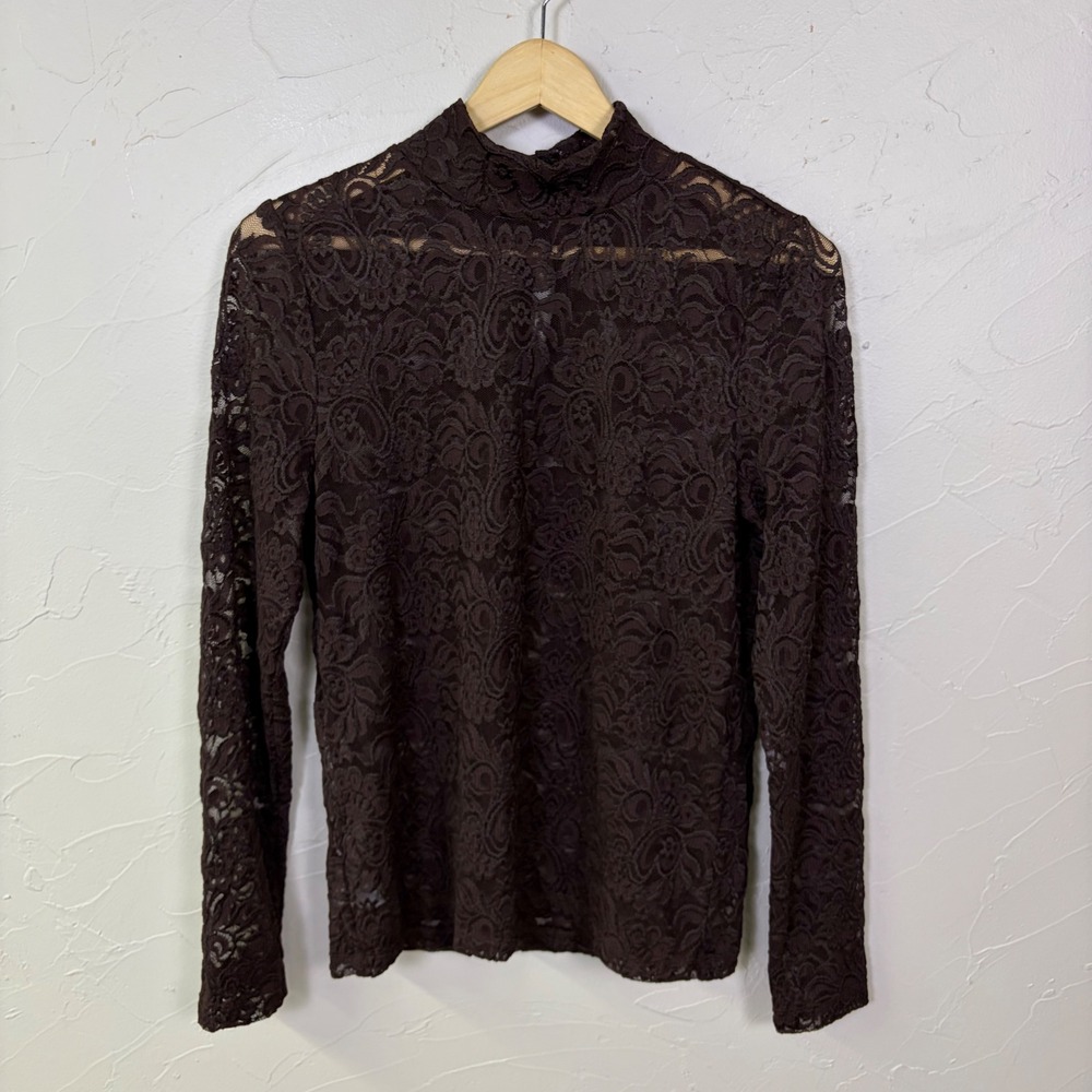 LOFT Lace Sheer Floral Top Womens Large Brown Long Sleeve Romantic Whimsigoth
